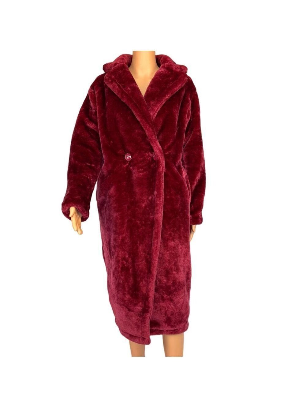 Pretty Little Thing Plush Faux Fur Coat Midi Burgundy Red Women 2 Oversized
